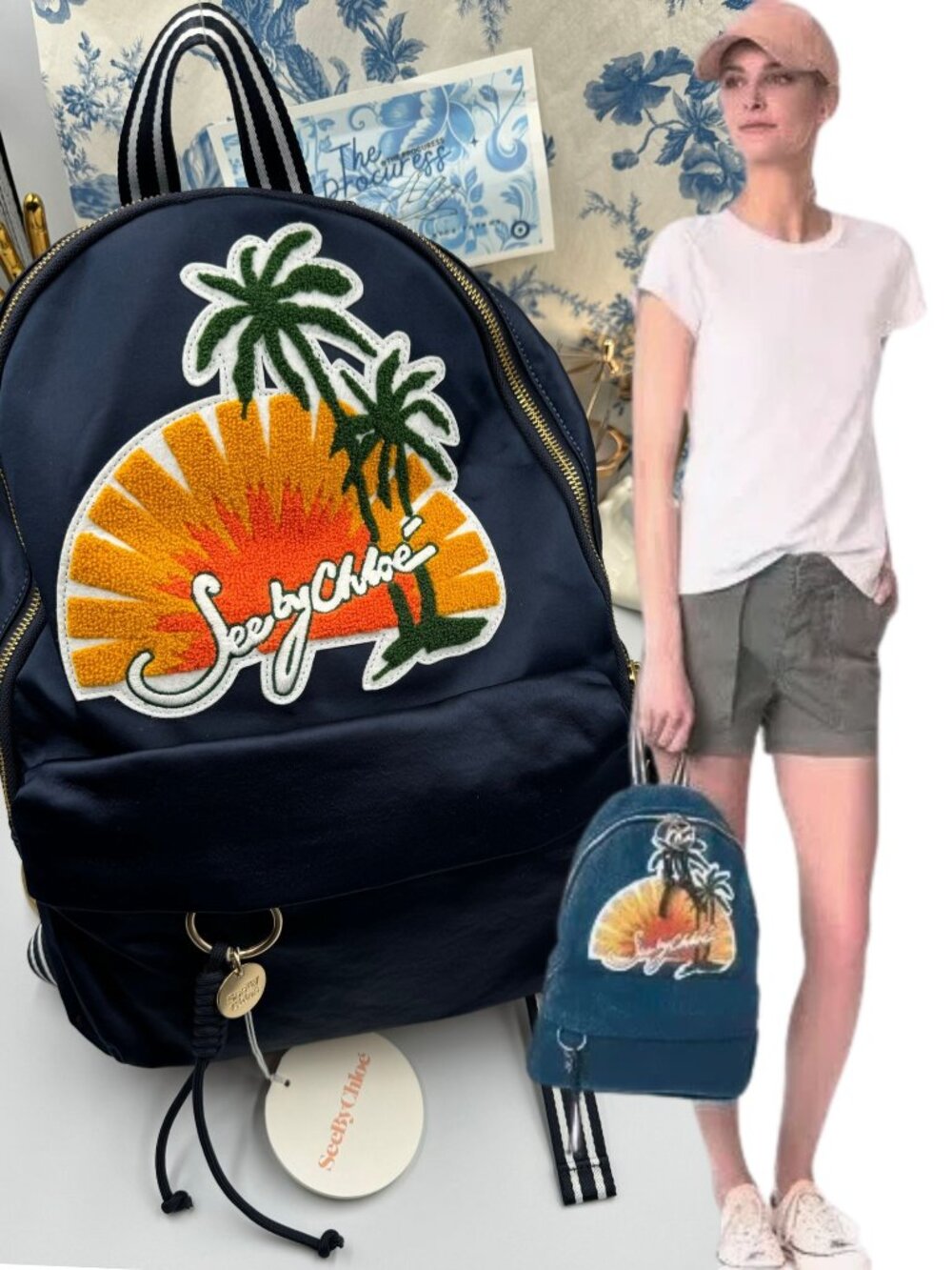 🆕 SEE BY CHLOE 🧿 NWT Blue Satin Palm Trees Decal Backpack